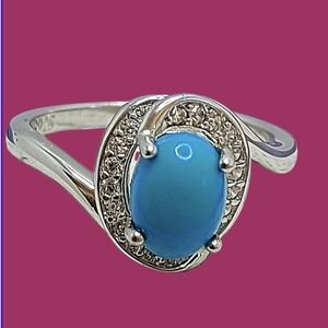 Natural Oval Blue Turquoise 8x6mm & Cz 925 Sterling Silver Ring Size 6